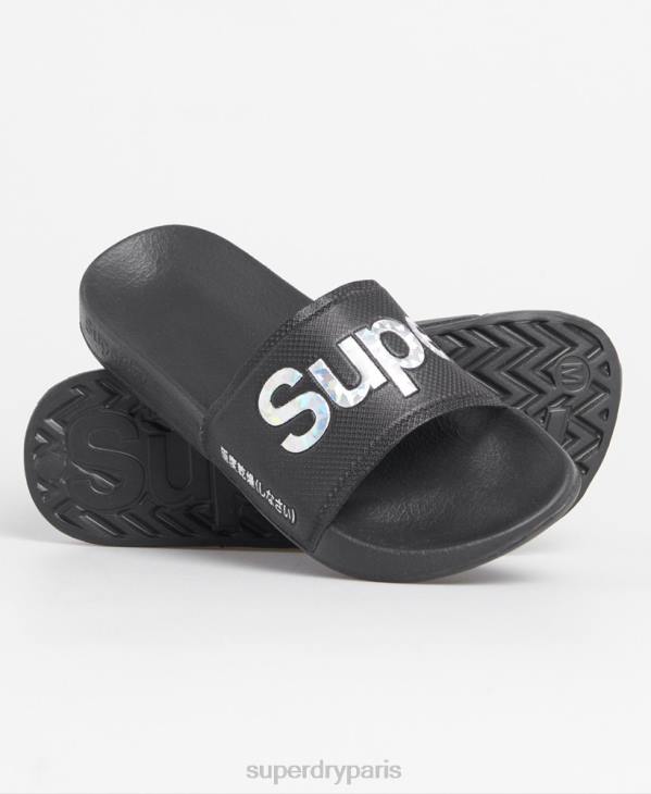 Superdry femmes curseurs de piscine à remplissage holographique D64Z6780 chaussures noir