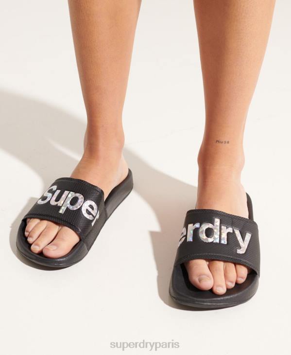Superdry femmes curseurs de piscine à remplissage holographique D64Z6780 chaussures noir