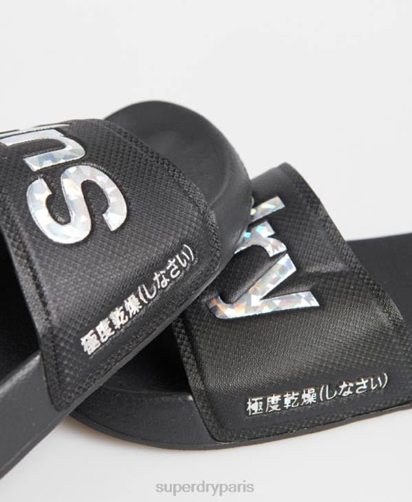 Superdry femmes curseurs de piscine à remplissage holographique D64Z6780 chaussures noir