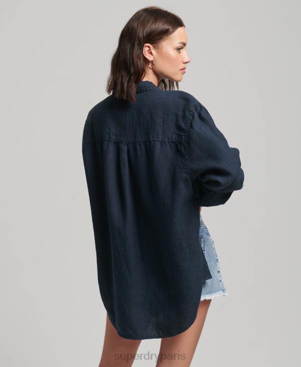 Superdry femmes chemise boyfriend décontractée en lin D64Z1980 vêtements marine