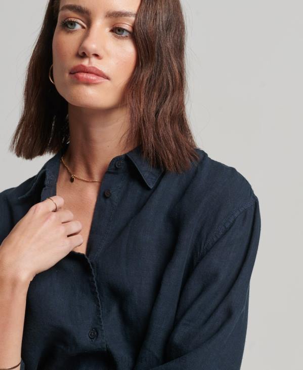 Superdry femmes chemise boyfriend décontractée en lin D64Z1980 vêtements marine