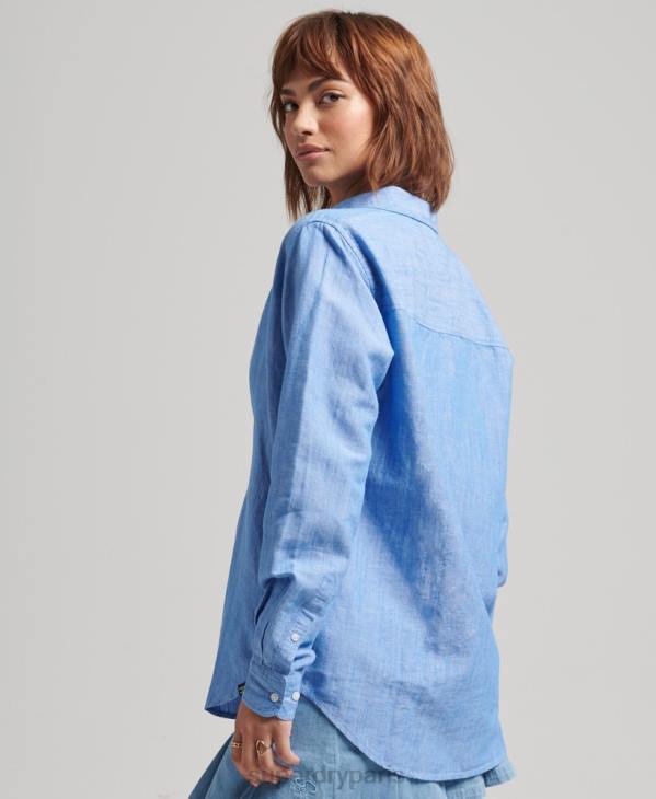 Superdry femmes chemise boyfriend en lin D64Z6526 vêtements bleu