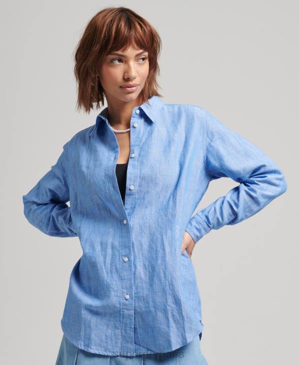 Superdry femmes chemise boyfriend en lin D64Z6526 vêtements bleu