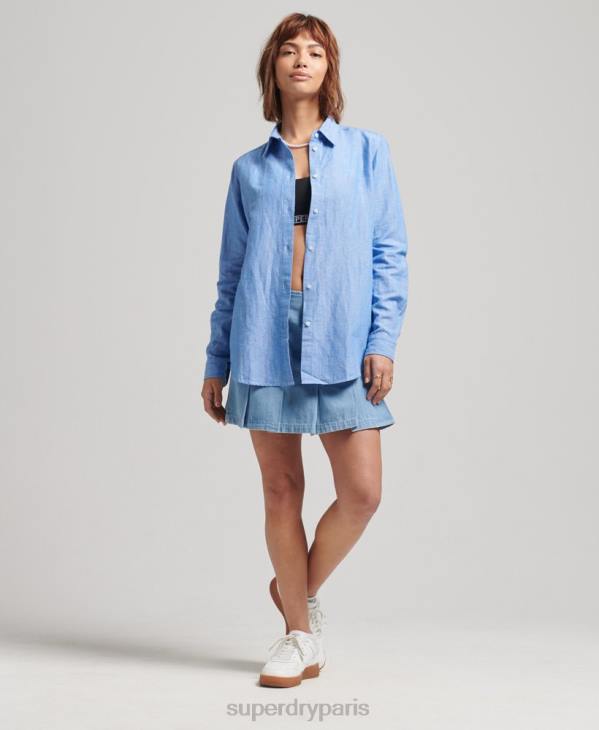 Superdry femmes chemise boyfriend en lin D64Z6526 vêtements bleu