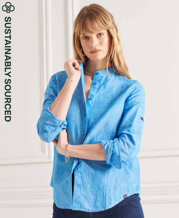 Superdry femmes chemise grand-père en lin studios D64Z3066 vêtements bleu