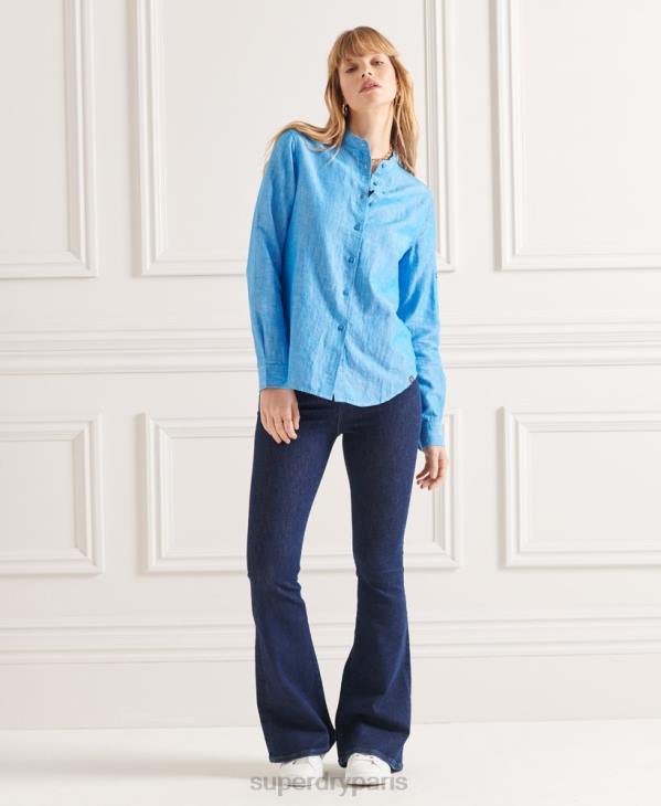 Superdry femmes chemise grand-père en lin studios D64Z3066 vêtements bleu