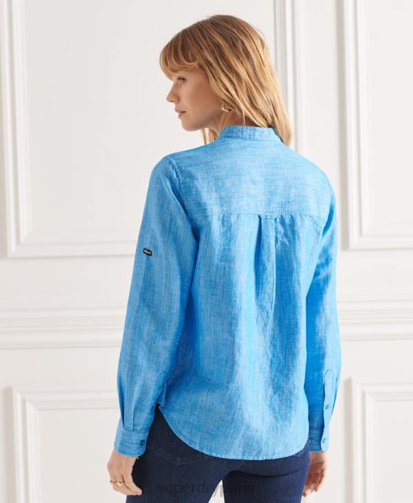 Superdry femmes chemise grand-père en lin studios D64Z3066 vêtements bleu
