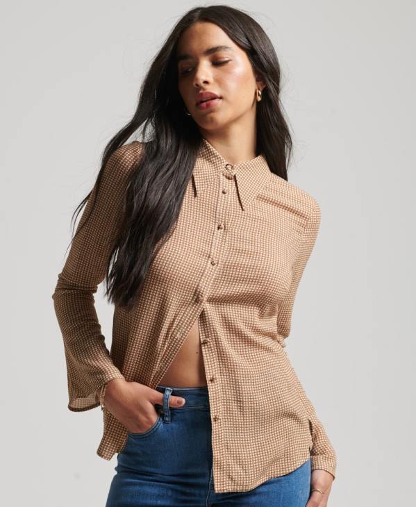 Superdry femmes chemise à manches longues à imprimé années 70 D64Z6515 vêtements brun