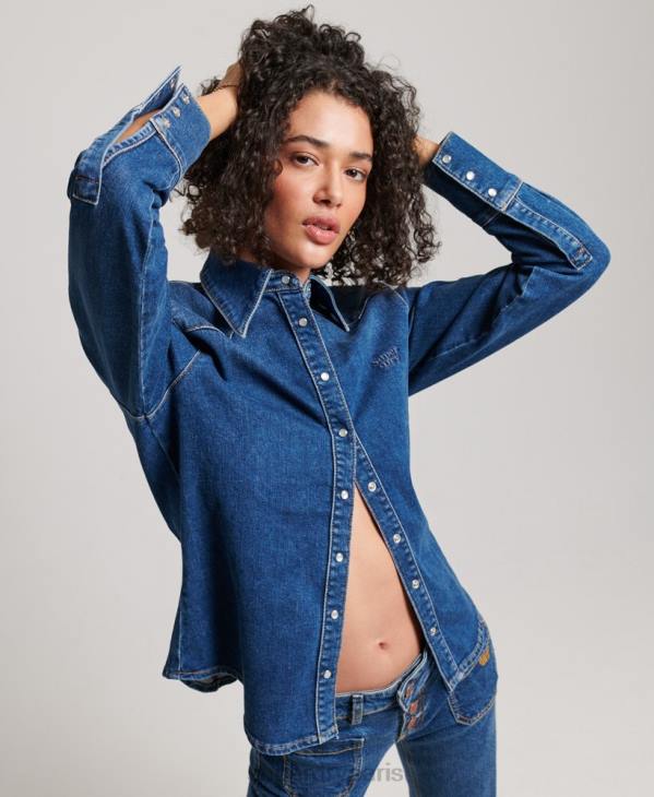 Superdry femmes chemise western en denim de coton bio D64Z2892 vêtements bleu foncé