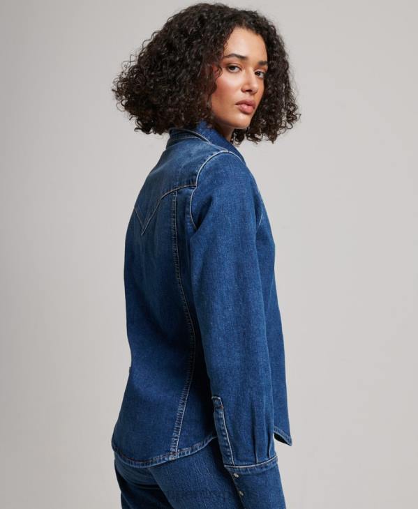 Superdry femmes chemise western en denim de coton bio D64Z2892 vêtements bleu foncé
