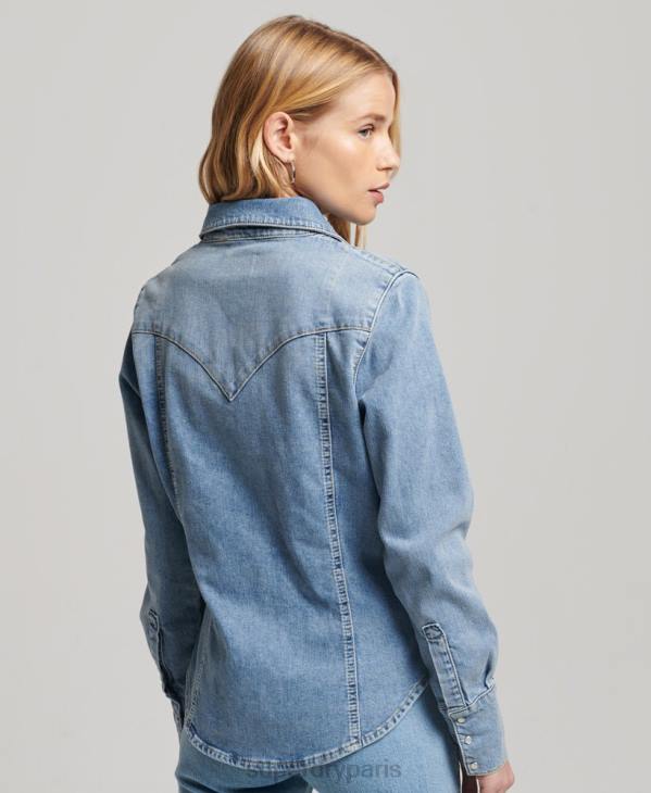 Superdry femmes chemise western en denim de coton bio D64Z2950 vêtements bleu clair