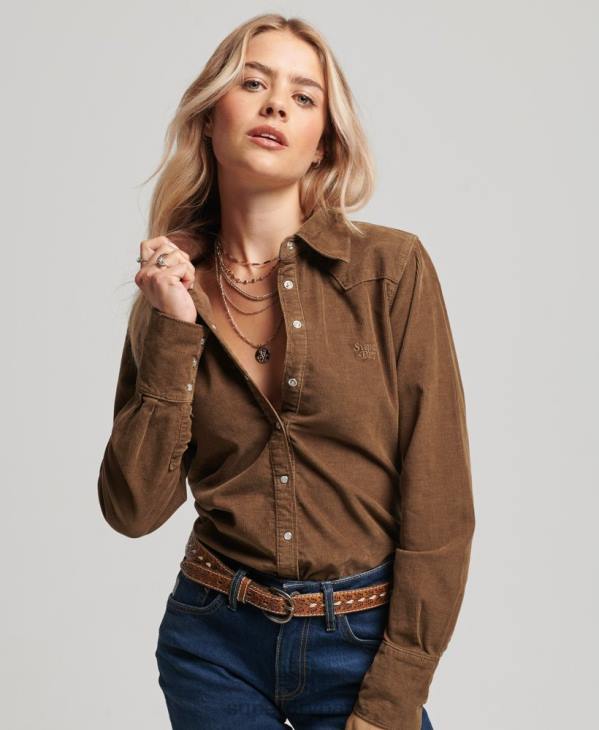 Superdry femmes chemise western en velours côtelé D64Z3038 vêtements brun