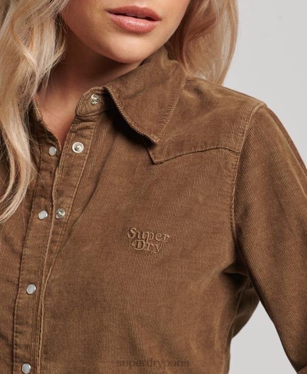 Superdry femmes chemise western en velours côtelé D64Z3038 vêtements brun