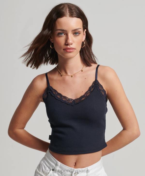 Superdry femmes caraco bordé de dentelle côtelée D64Z1955 vêtements marine