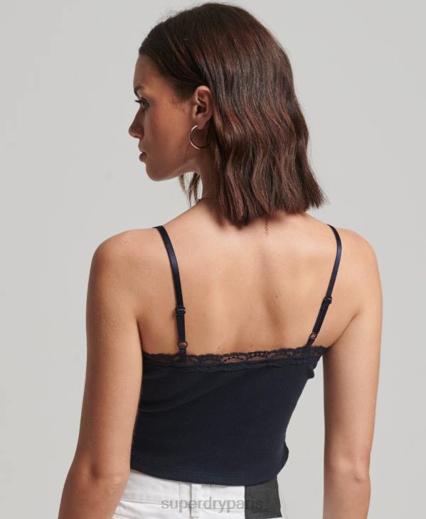 Superdry femmes caraco bordé de dentelle côtelée D64Z1955 vêtements marine