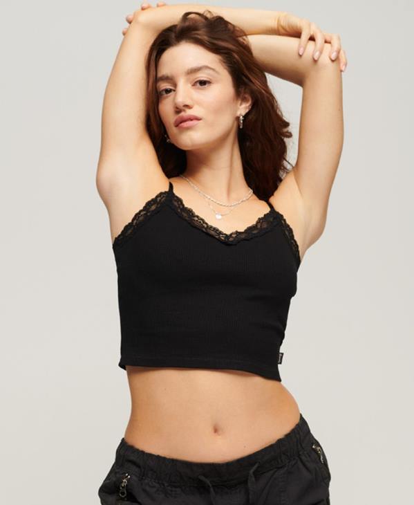 Superdry femmes caraco bordé de dentelle côtelée D64Z2098 vêtements noir