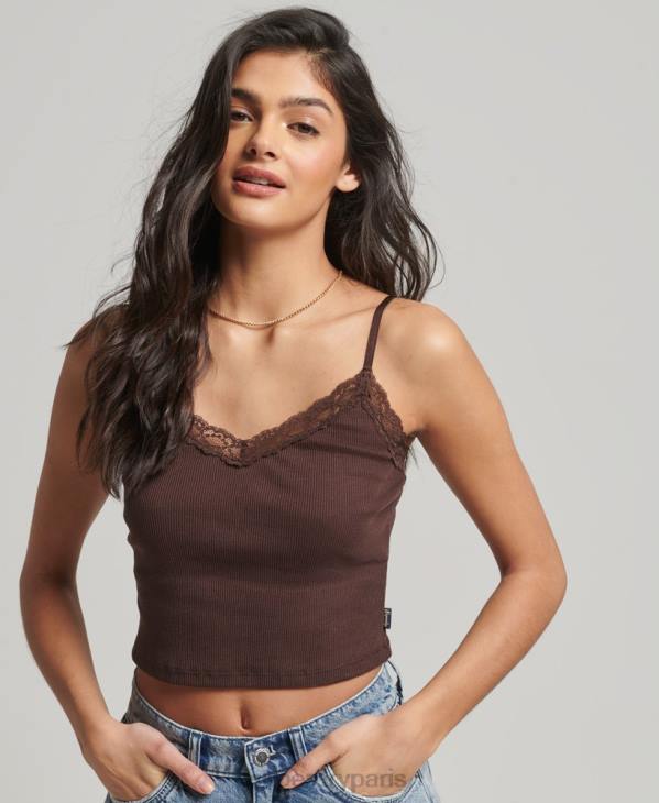 Superdry femmes caraco bordé de dentelle côtelée D64Z2326 vêtements brun
