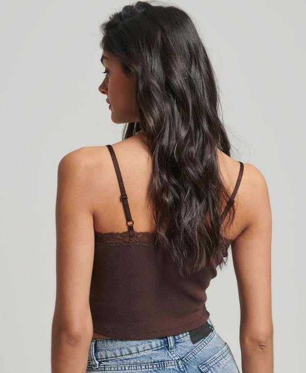 Superdry femmes caraco bordé de dentelle côtelée D64Z2326 vêtements brun