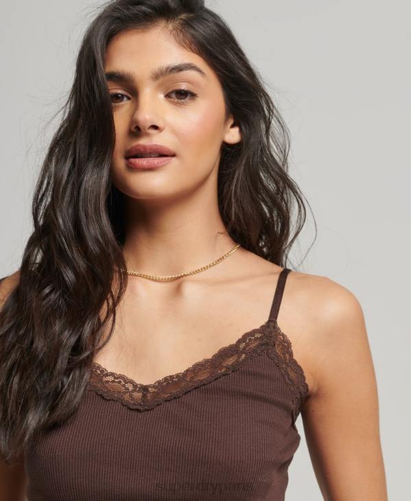 Superdry femmes caraco bordé de dentelle côtelée D64Z2326 vêtements brun