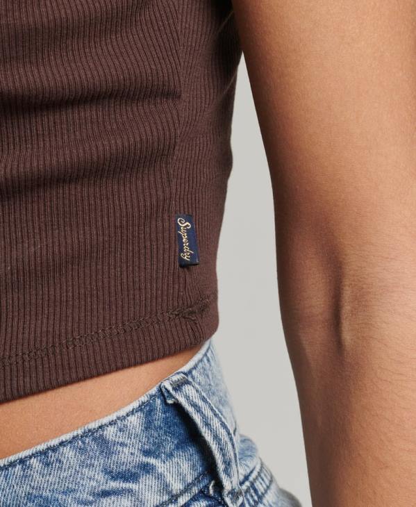 Superdry femmes caraco bordé de dentelle côtelée D64Z2326 vêtements brun