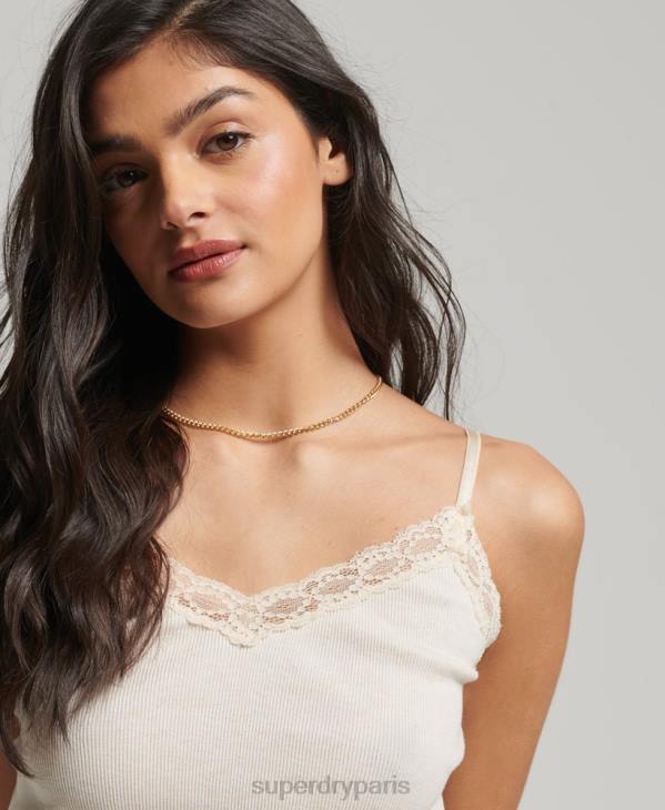 Superdry femmes caraco bordé de dentelle côtelée D64Z2340 vêtements beige