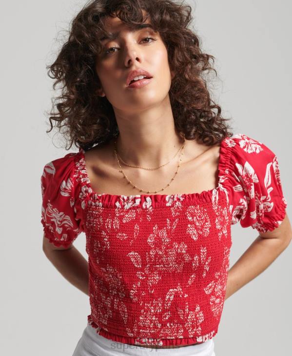 Superdry femmes crop top smocké ecovero vintage D64Z6706 vêtements rouge