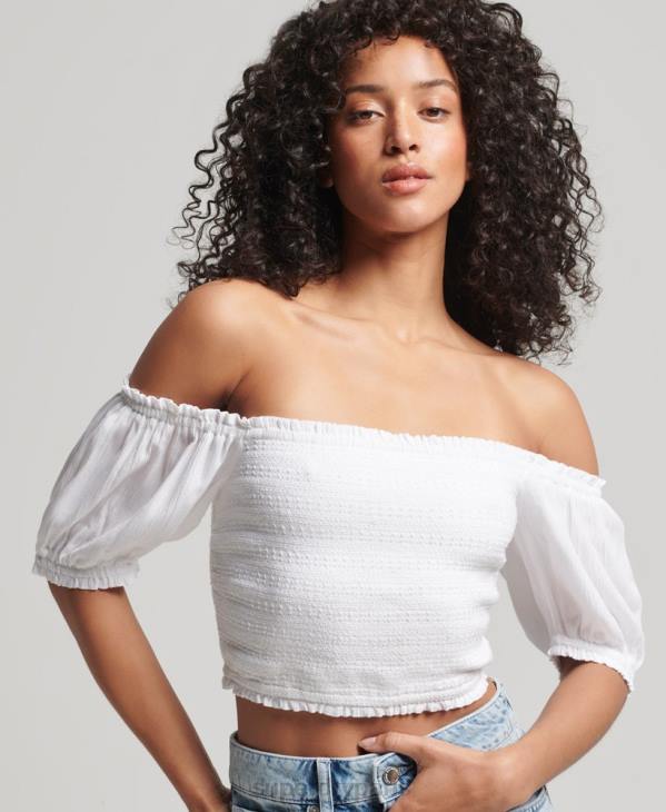 Superdry femmes crop top smocké ecovero vintage D64Z6749 vêtements blanc