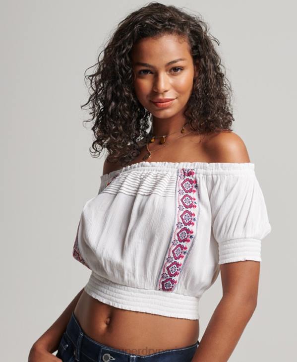 Superdry femmes haut brodé smocké D64Z2127 vêtements blanc