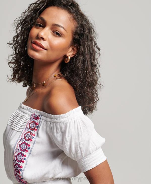 Superdry femmes haut brodé smocké D64Z2127 vêtements blanc