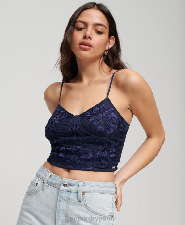 Superdry femmes haut corset à fleurs brodées D64Z2872 vêtements marine