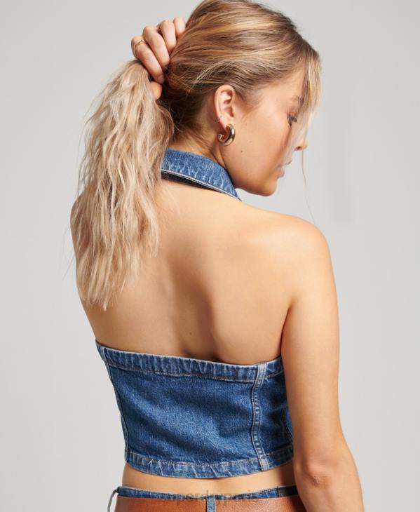 Superdry femmes haut en jean zippé à col D64Z2064 vêtements bleu