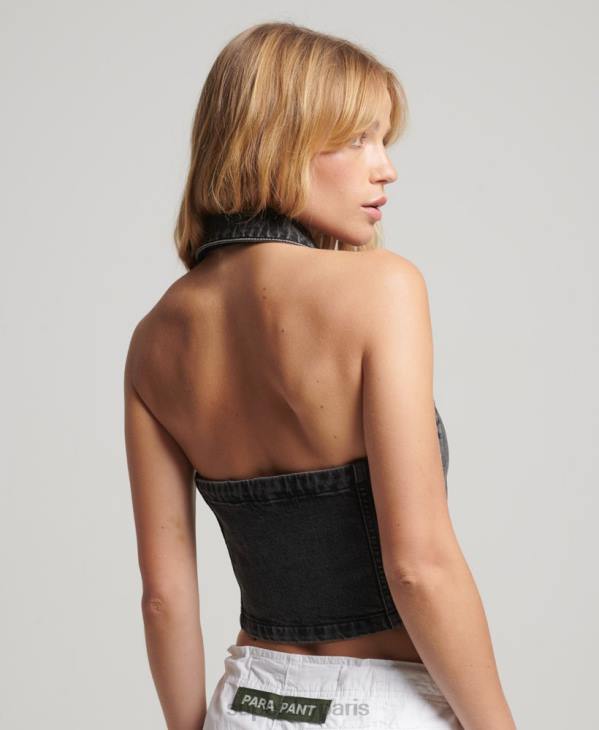 Superdry femmes haut en jean zippé à col D64Z2946 vêtements gris foncé