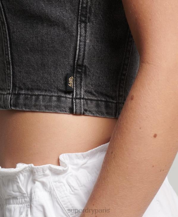 Superdry femmes haut en jean zippé à col D64Z2946 vêtements gris foncé