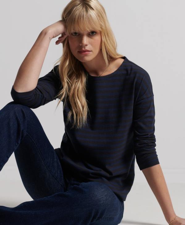 Superdry femmes haut à rayures épaisses en coton bio D64Z3054 vêtements gris clair