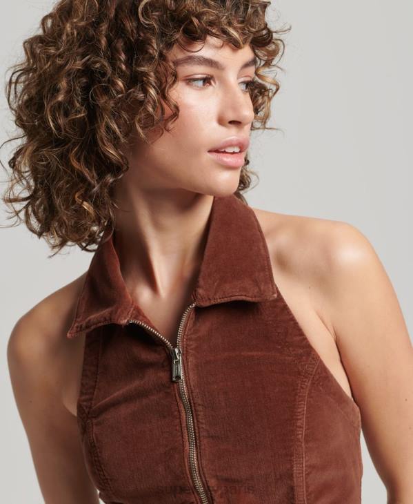 Superdry femmes haut zippé à col en velours D64Z2092 vêtements brun