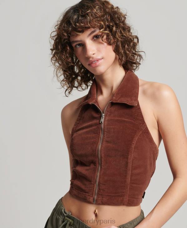 Superdry femmes haut zippé à col en velours D64Z2092 vêtements brun