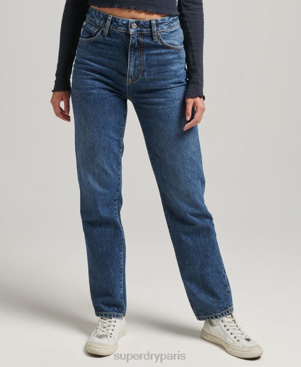 Superdry femmes jean droit taille haute en coton bio D64Z3892 vêtements bleu foncé