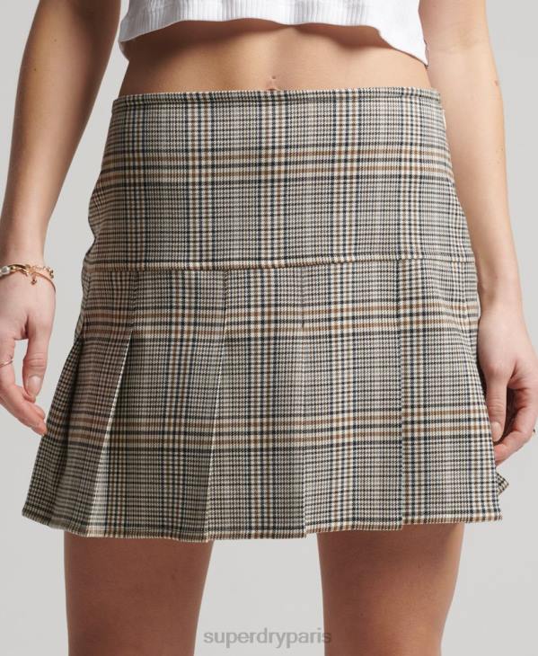 Superdry femmes mini-jupe plissée en tweed vintage D64Z4158 vêtements beige