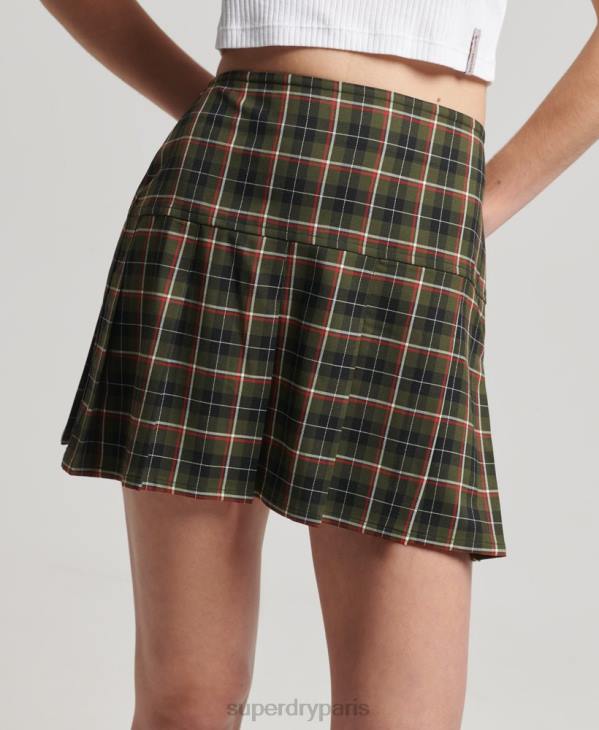 Superdry femmes mini-jupe plissée en tweed vintage D64Z4160 vêtements kaki