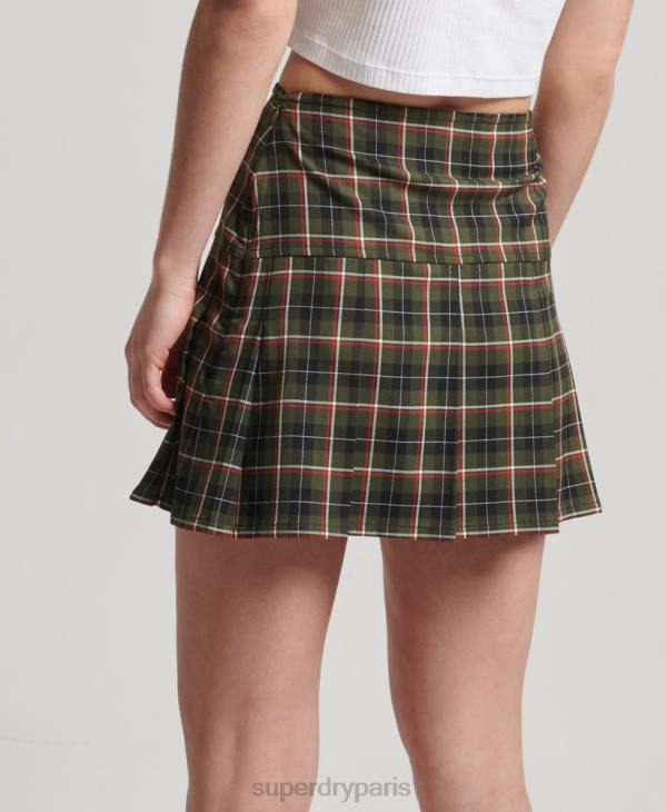 Superdry femmes mini-jupe plissée en tweed vintage D64Z4160 vêtements kaki