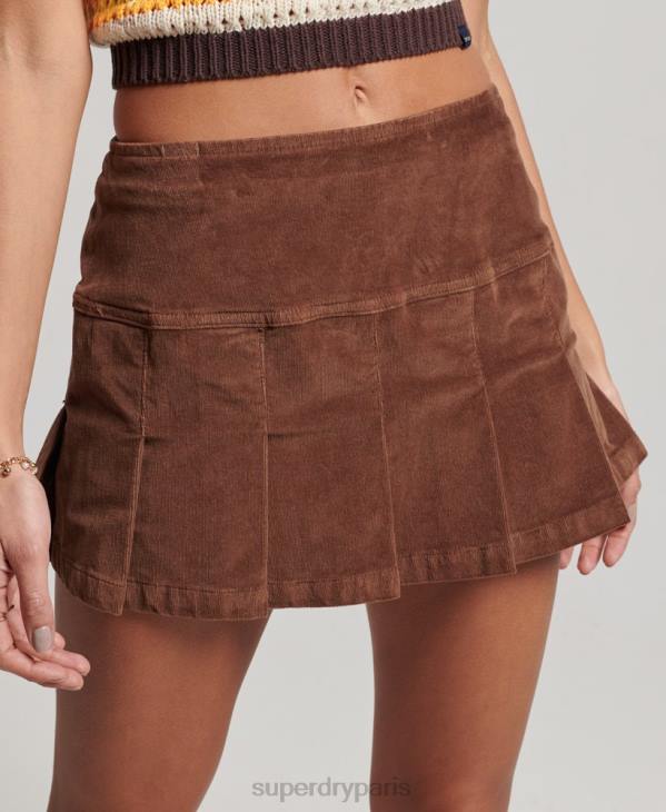 Superdry femmes mini-jupe plissée en velours côtelé vintage D64Z4154 vêtements brun
