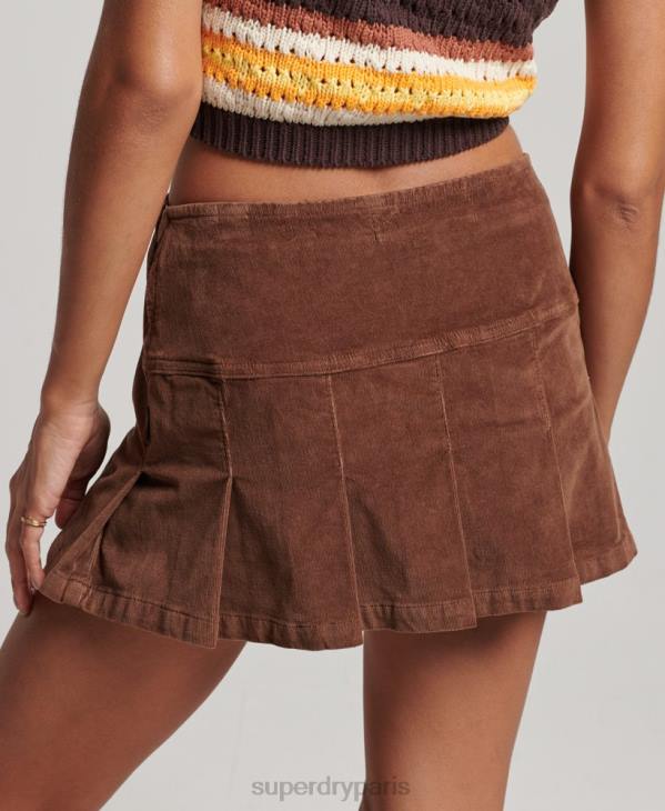 Superdry femmes mini-jupe plissée en velours côtelé vintage D64Z4154 vêtements brun