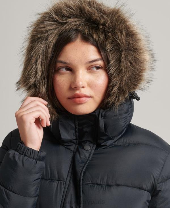Superdry femmes doudoune longue à capuche en fausse fourrure D64Z3660 vêtements gris foncé
