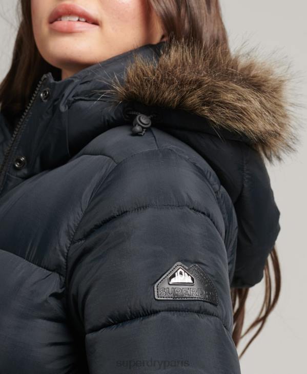 Superdry femmes doudoune longue à capuche en fausse fourrure D64Z3660 vêtements gris foncé
