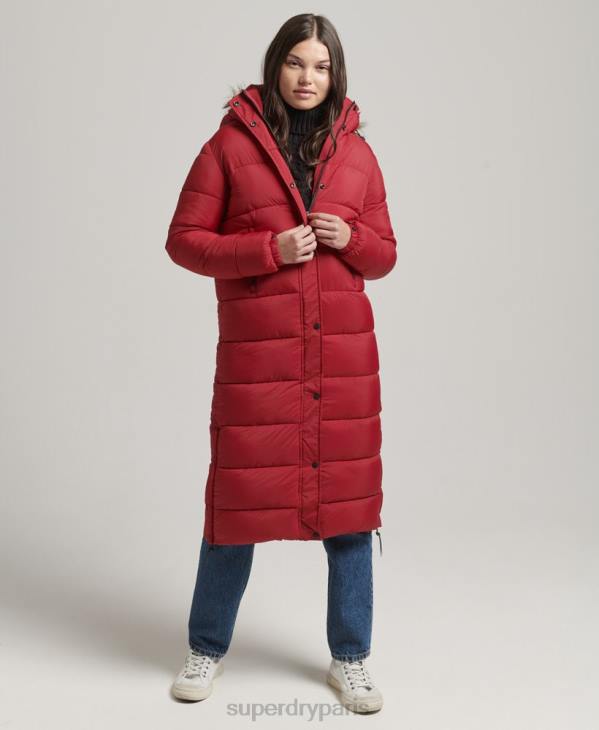 Superdry femmes doudoune longue à capuche en fausse fourrure D64Z3661 vêtements rouge