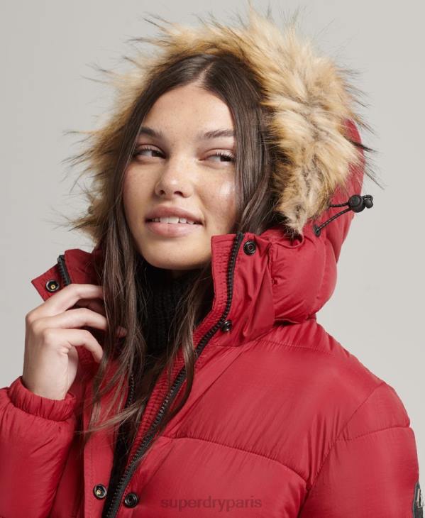 Superdry femmes doudoune longue à capuche en fausse fourrure D64Z3661 vêtements rouge