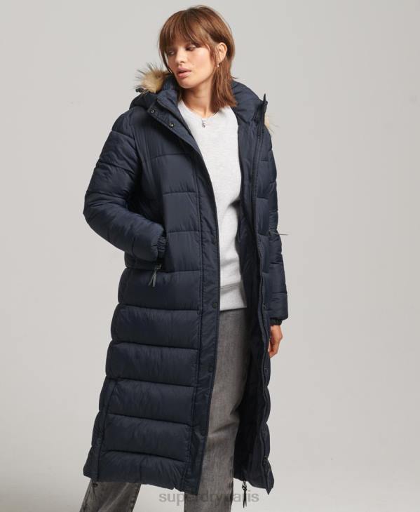 Superdry femmes doudoune longue à capuche en fausse fourrure D64Z3662 vêtements marine