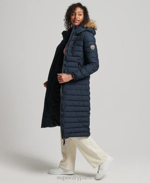 Superdry femmes doudoune longue légère à capuche en fausse fourrure D64Z3622 vêtements marine