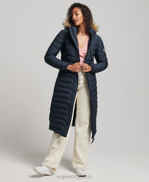 Superdry femmes doudoune longue légère à capuche en fausse fourrure D64Z3622 vêtements marine