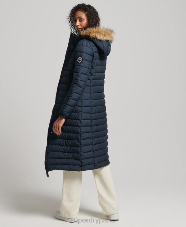 Superdry femmes doudoune longue légère à capuche en fausse fourrure D64Z3622 vêtements marine